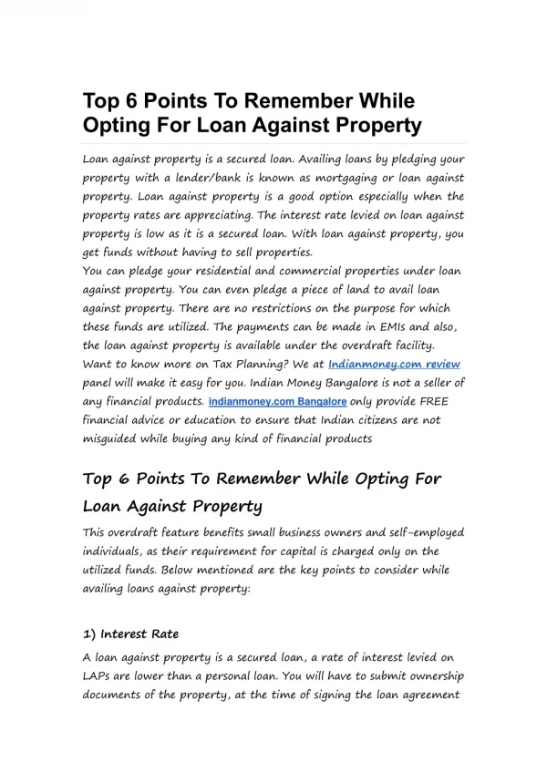 Top 6 Points To Remember While Opting For Loan Against Property