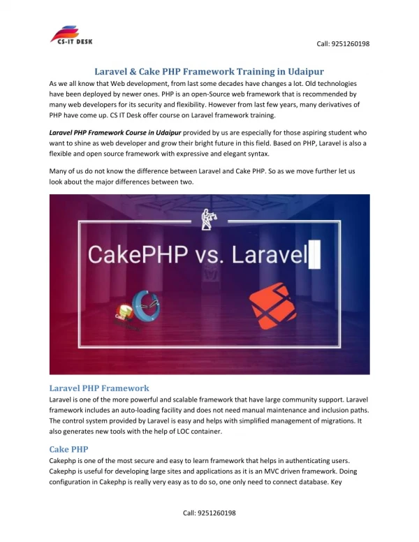 Laravel & Cake PHP Framework Training in Udaipur