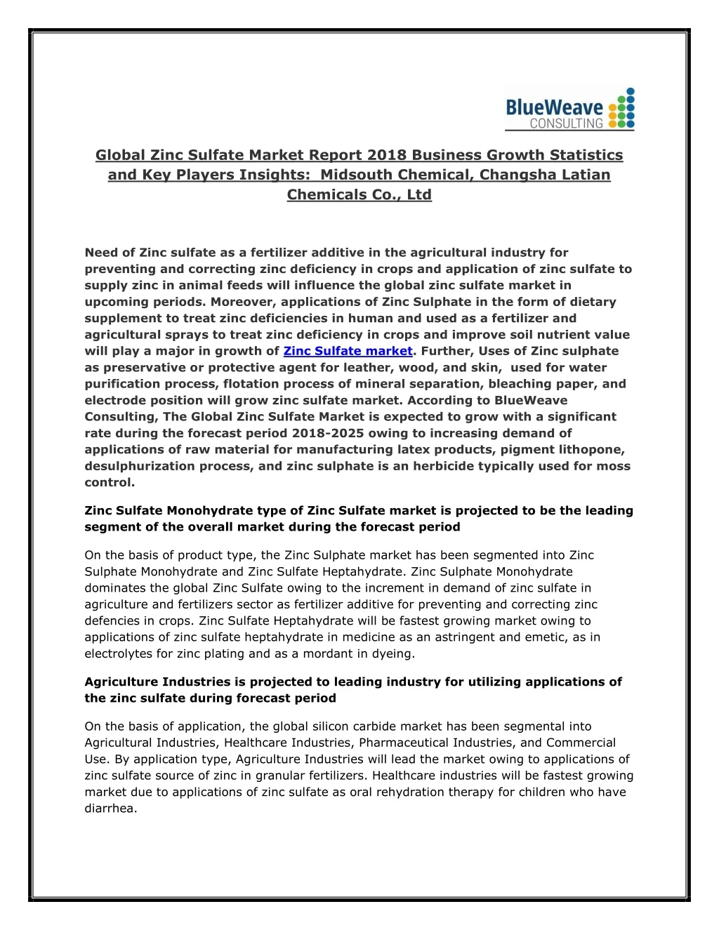 global zinc sulfate market report 2018 business