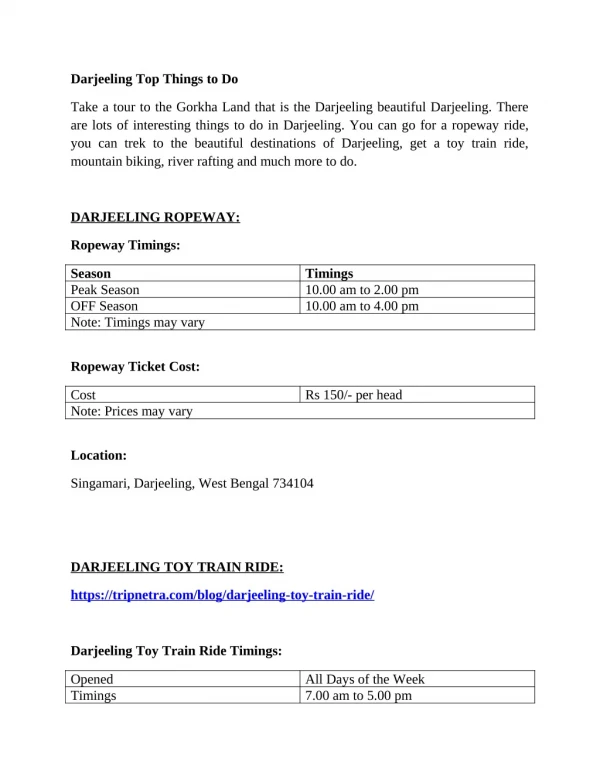 Darjeeling RopeWay Timings,Ticket Cost,Toy Train Ride
