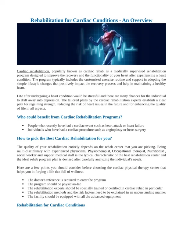 Rehabilitation for Cardiac Conditions - An Overview