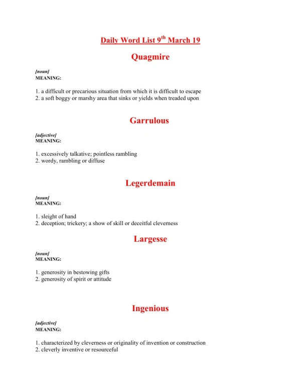 Daily Word List of 9th Mar 2019 For Govt Exams