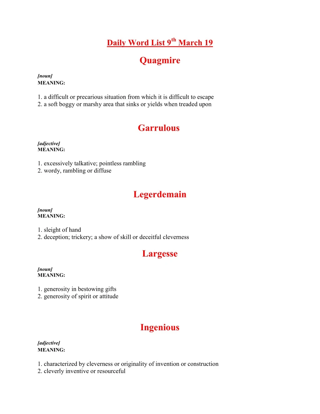 daily word list 9 th march 19