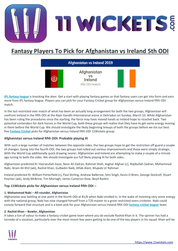 Fantasy Players To Pick for Afghanistan vs Ireland 5th ODI