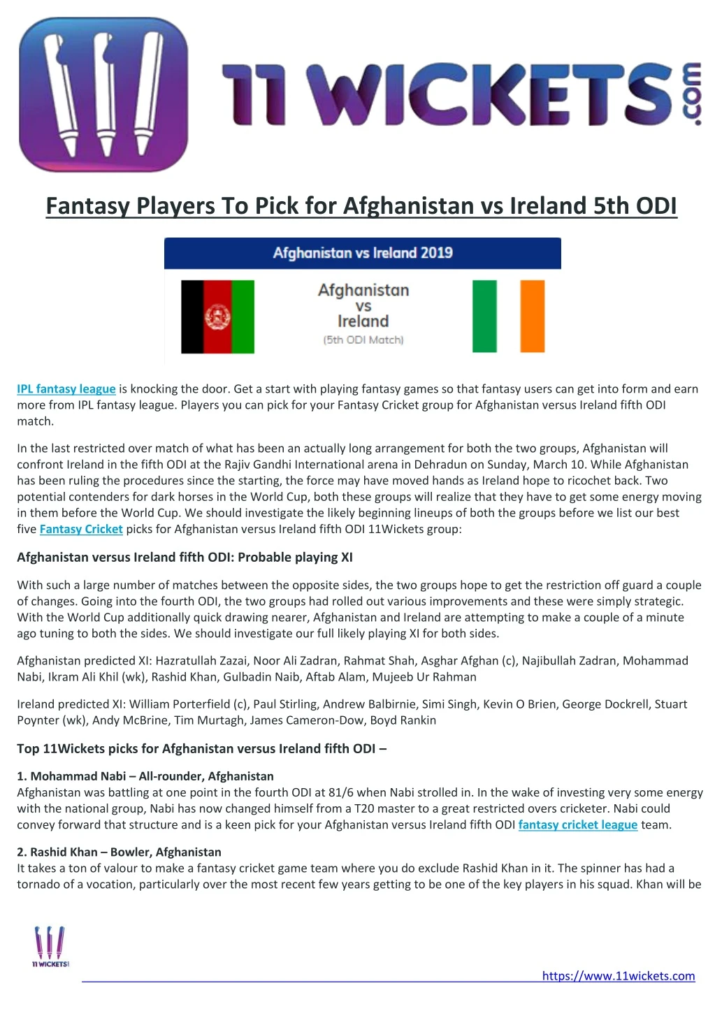 fantasy players to pick for afghanistan