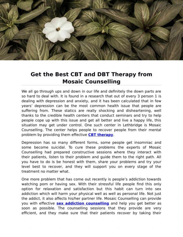 Get the Best CBT and DBT Therapy from Mosaic Counselling