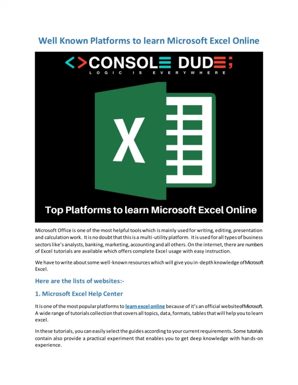 Well Known Platforms to learn Microsoft Excel Online