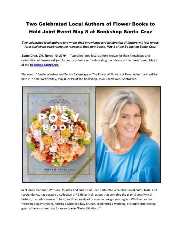 Two Celebrated Local Authors of Flower Books to Hold Joint Event May 8 at Bookshop Santa Cruz