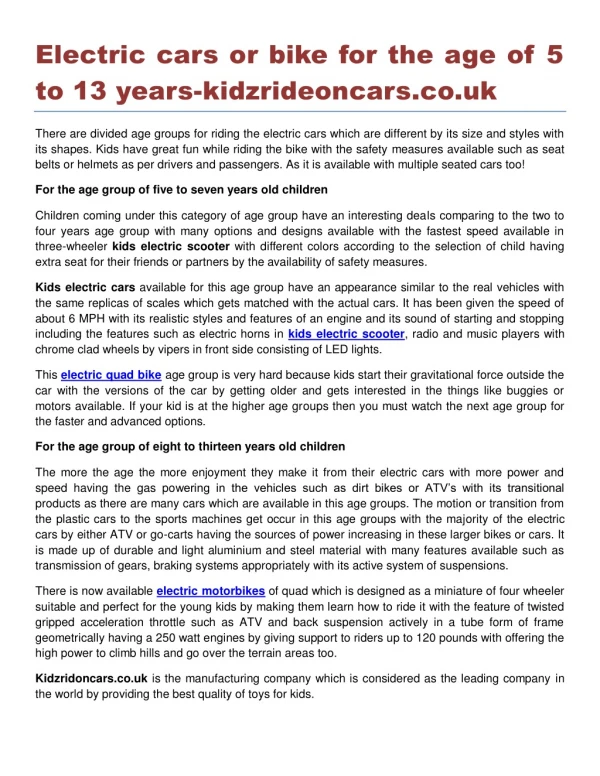 Electric cars or bike for the age of 5 to 13 years-kidzrideoncars.co.uk