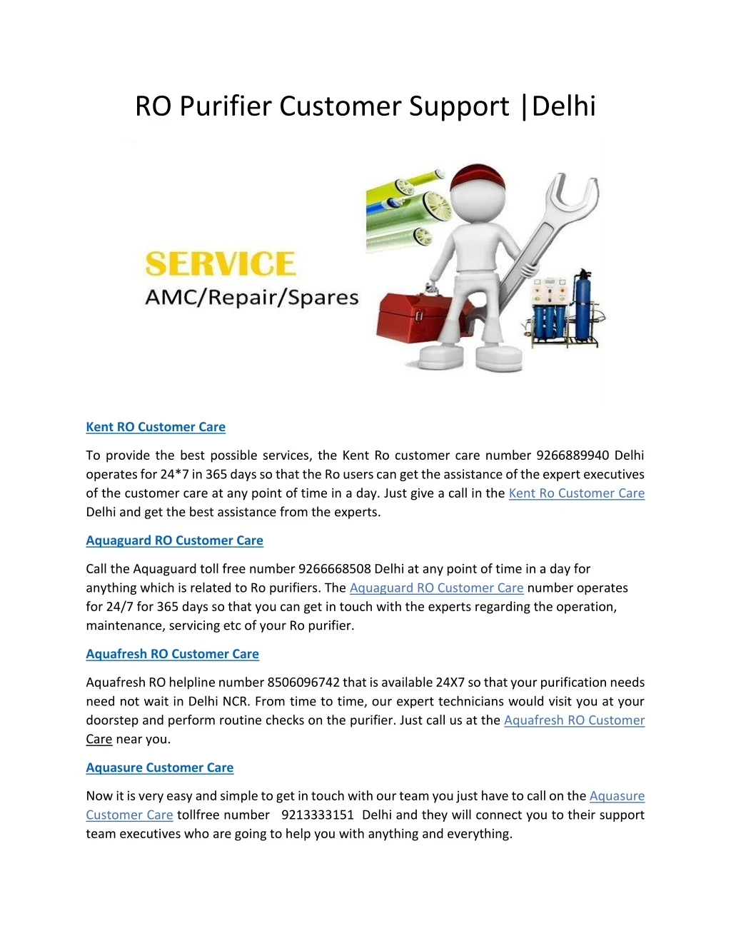 ro purifier customer support delhi