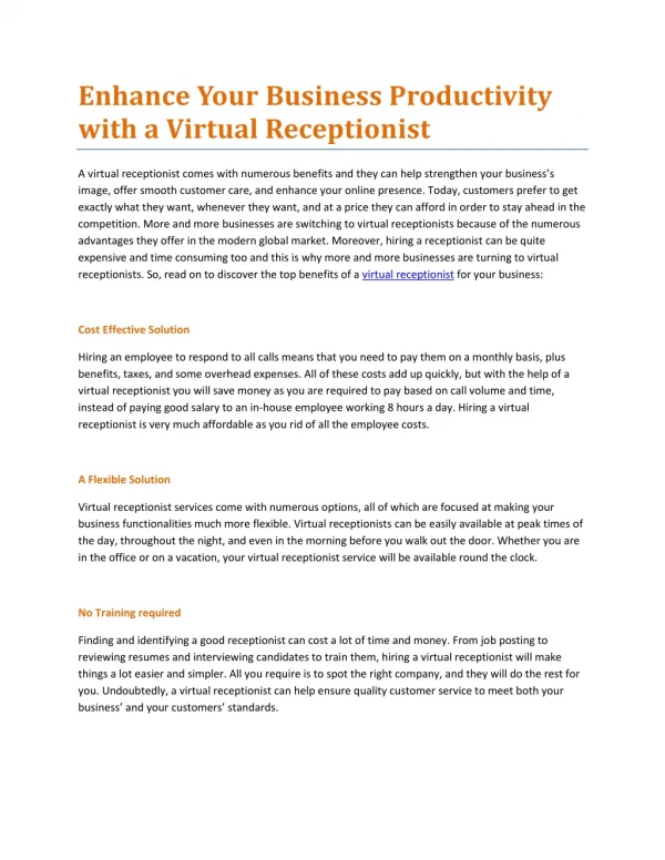 Enhance Your Business Productivity with a Virtual Receptionist