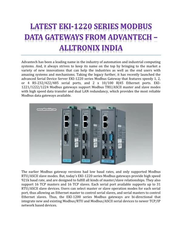 Latest EKI-1220 Series Modbus Data Gateways From Advantech - Alltronix India