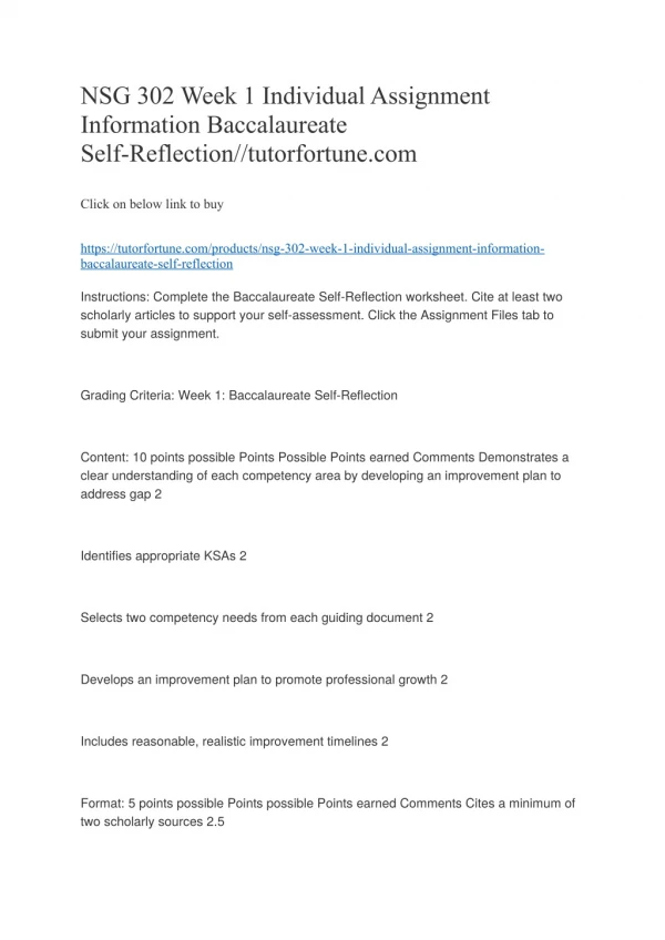 NSG 302 Week 1 Individual Assignment Information Baccalaureate Self-Reflection//tutorfortune.com
