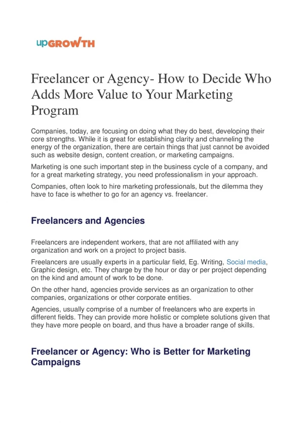 Freelancer or Agency- How to Decide Who Adds More Value to Your Marketing Program