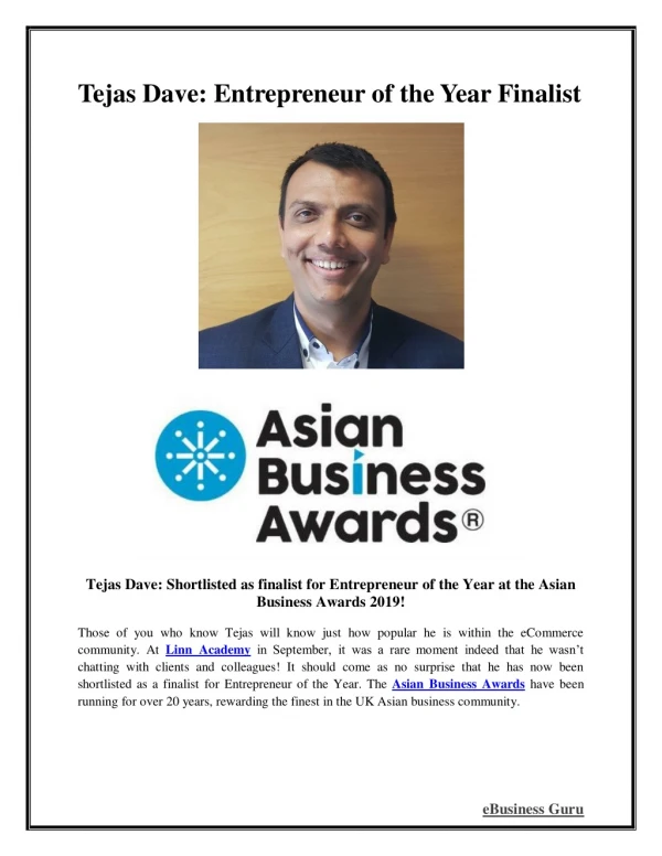 Tejas Dave: Entrepreneur of the Year Finalist | eBusiness Guru