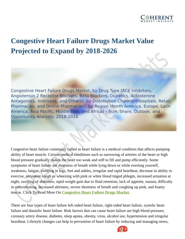 Congestive Heart Failure Drugs Market to Perceive Substantial Growth During 2018–2026