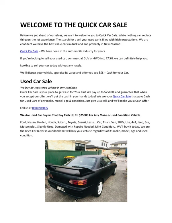 WELCOME TO THE QUICK CAR SALE