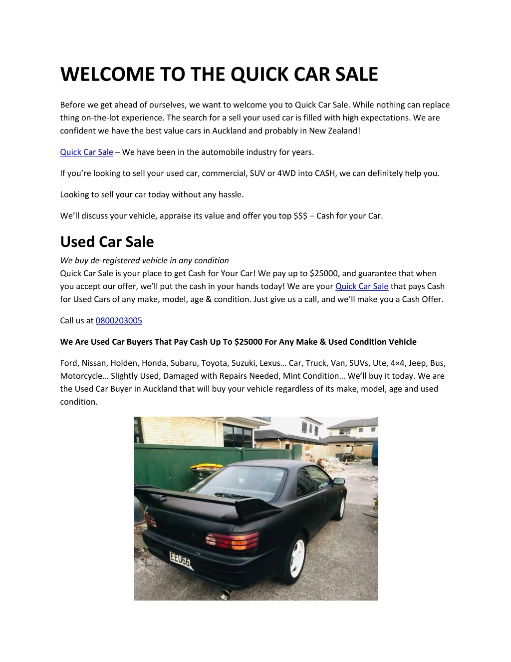 welcome to the quick car sale