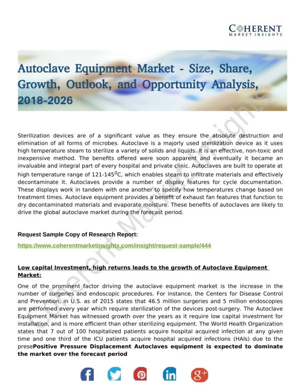 Autoclave Equipment Market Analysis By Supply And Consumption Demand Analysis To 2018
