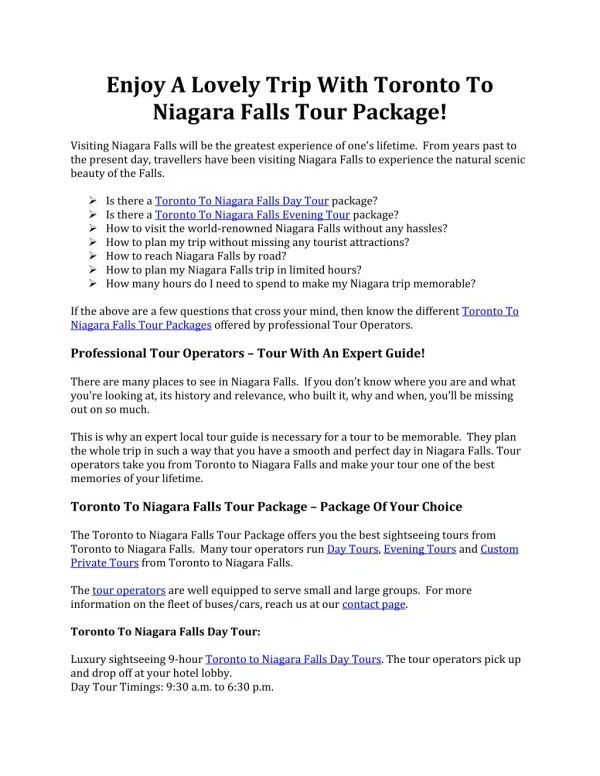 Toronto To Niagara Falls Tour Package