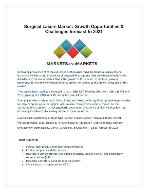 Surgical Lasers Market: Growth Opportunities & Challenges forecast to 2021