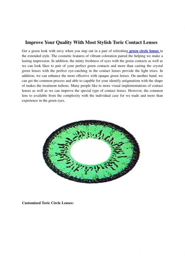 Improve Your Quality With Most Stylish Toric Contact Lenses