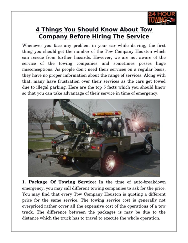 4 Things You Should Know About Tow Company Before Hiring The Service