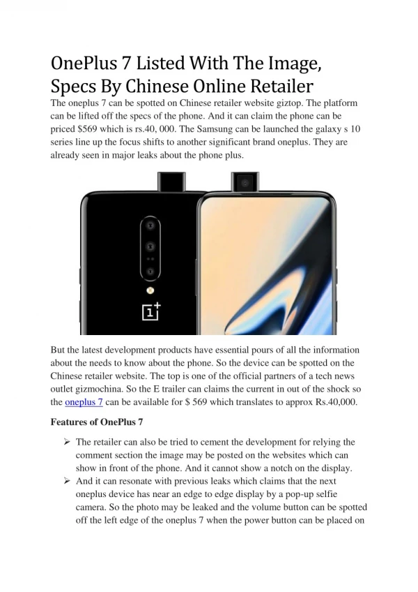OnePlus 7 Listed With The Image, Specs By Chinese Online Retailer