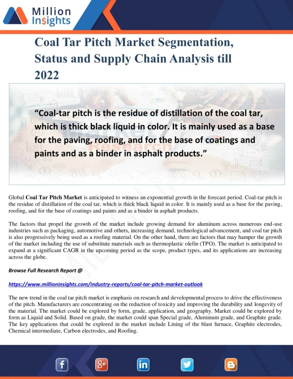 Coal Tar Pitch Market Segmentation, Status and Supply Chain Analysis till 2022