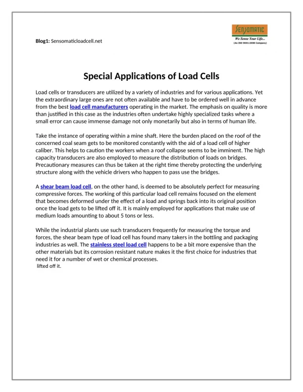 Special Applications of Load Cells