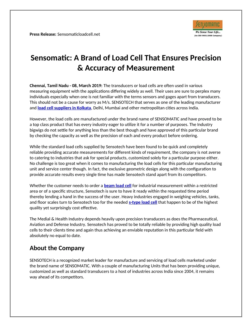 press release sensomaticloadcell net