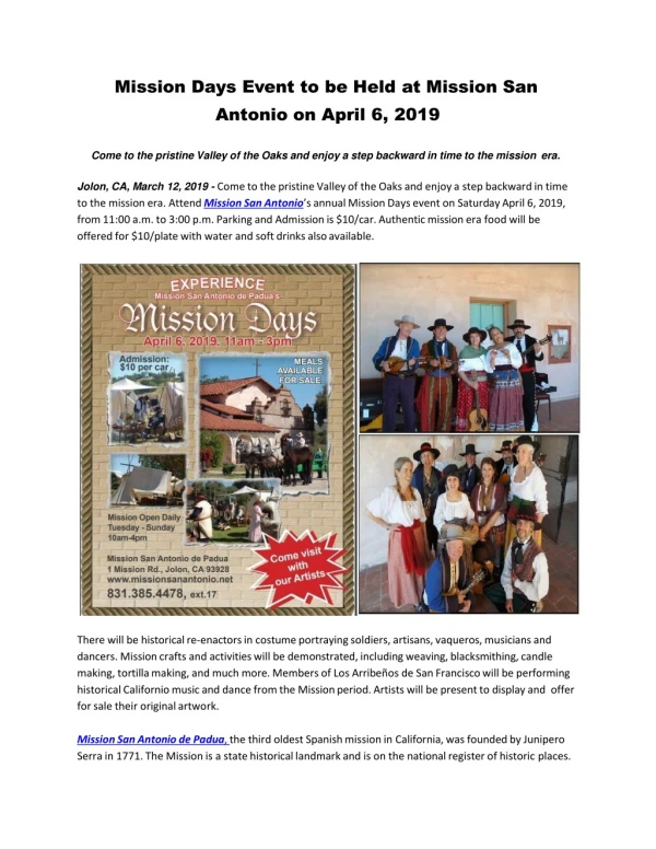 Mission Days Event to be Held at Mission San Antonio on April 6, 2019