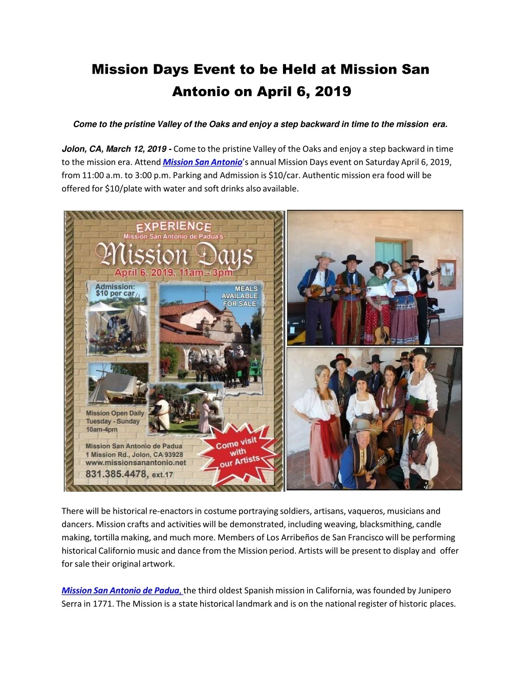 mission days event to be held at mission
