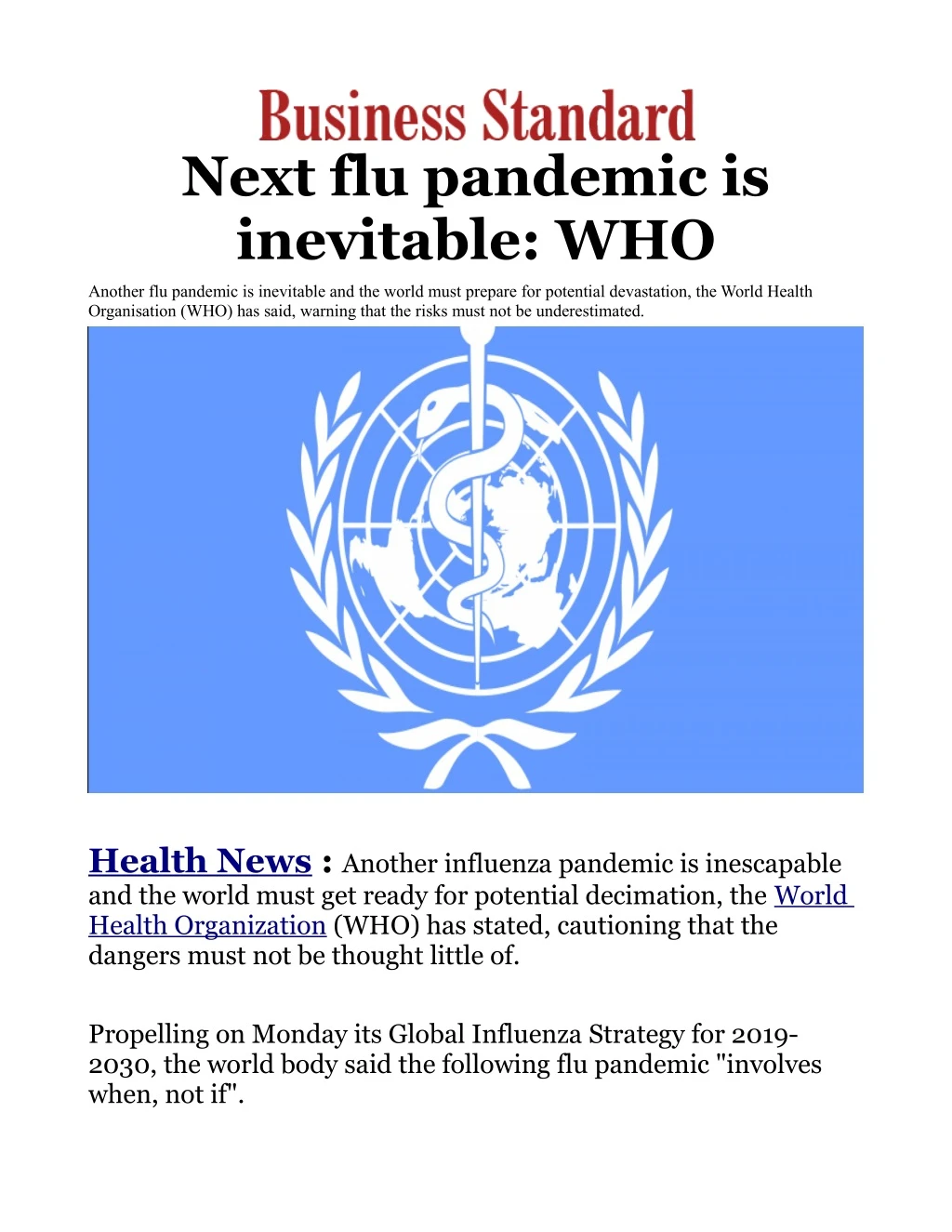 next flu pandemic is inevitable who