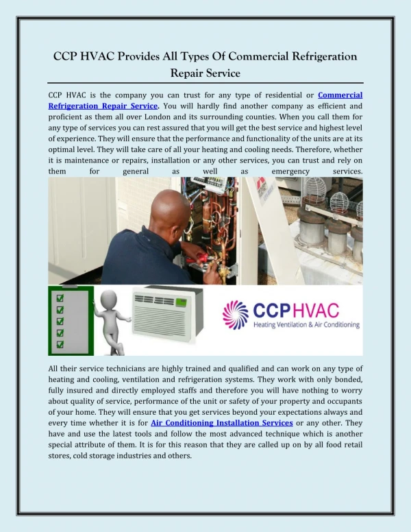 CCP HVAC Provides All Types Of Commercial Refrigeration Repair Service