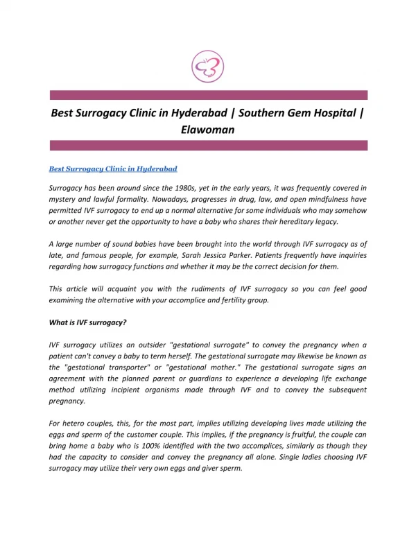 Best Surrogacy Clinic in Hyderabad | Southern Gem Hospital | Elawoman