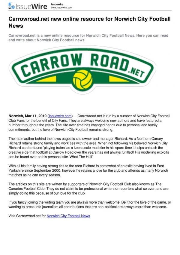 Carrowroad.net new online resource for Norwich City Football News