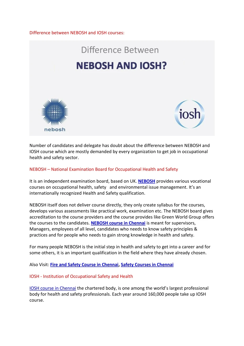 difference between nebosh and iosh courses