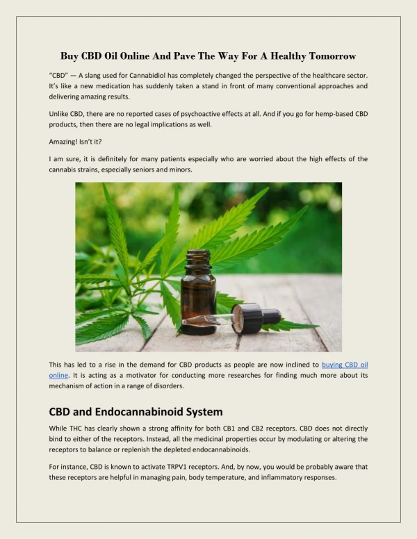 Buy CBD Oil Online And Pave The Way For A Healthy Tomorrow