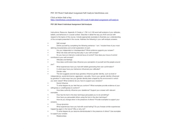 PSY 285 Week 9 Individual Assignment Self-Analysis//tutorfortune.com
