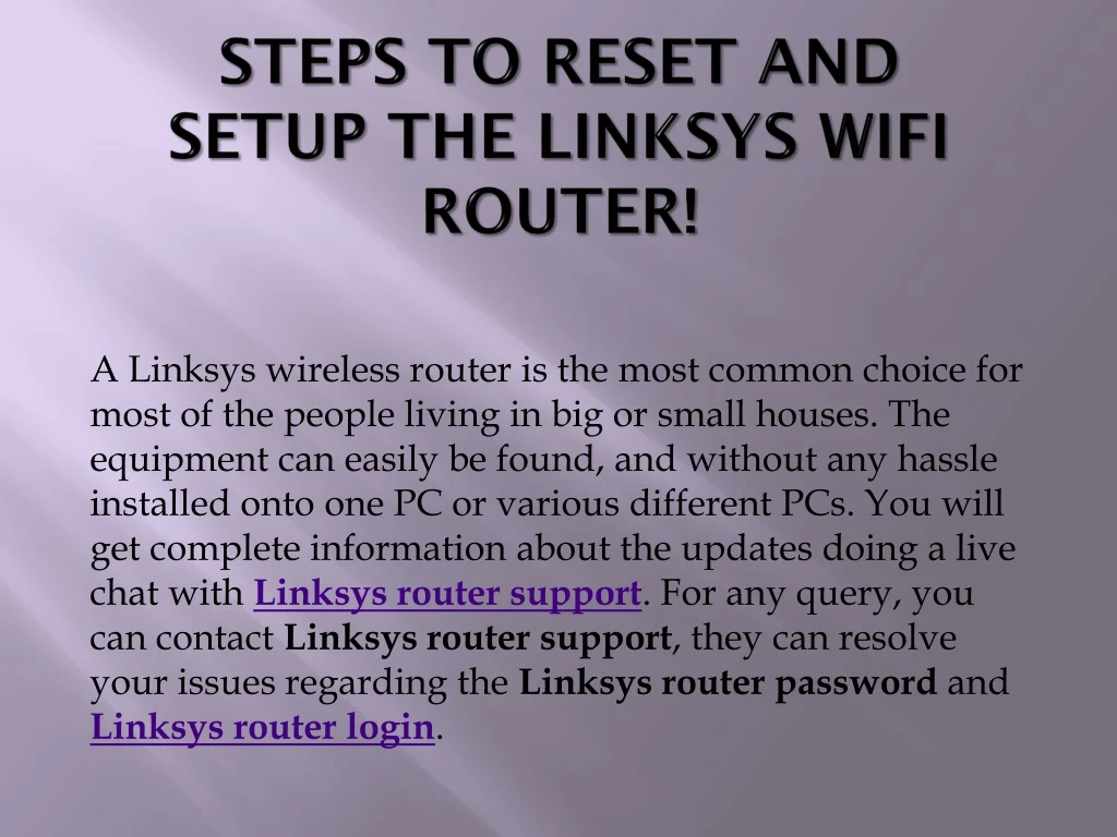steps to reset and setup the linksys wifi router
