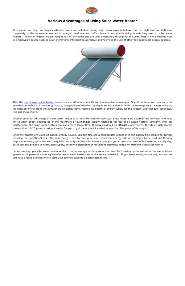 Various Advantages of Using Solar Water Heater