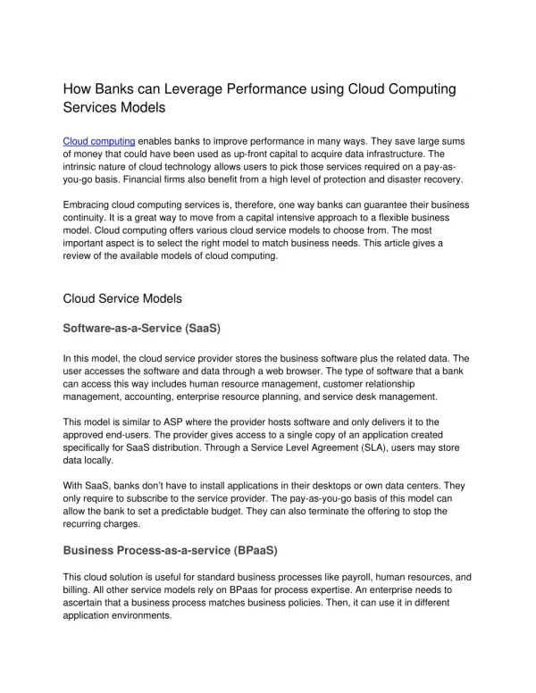 How Banks can Leverage Performance using Cloud Computing Services Models