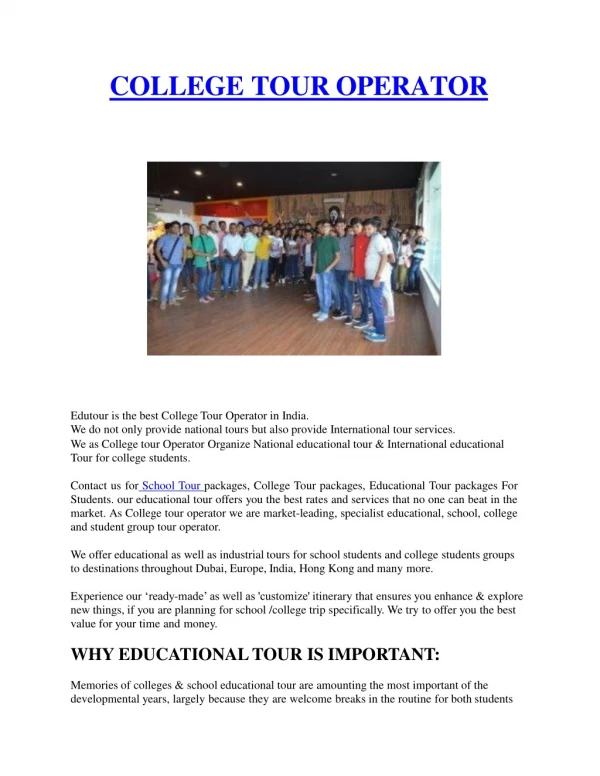 College Tour Operator | School Tour | Educational Tour Operators