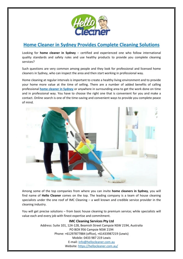 Home Cleaner in Sydney Provides Complete Cleaning Solutions