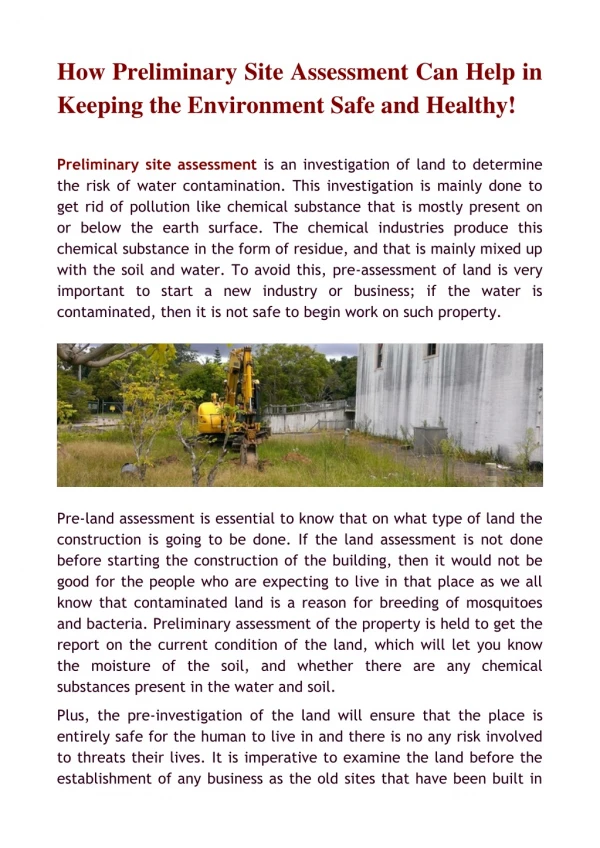 How Preliminary Site Assessment Can Help in Keeping the Environment Safe and Healthy!