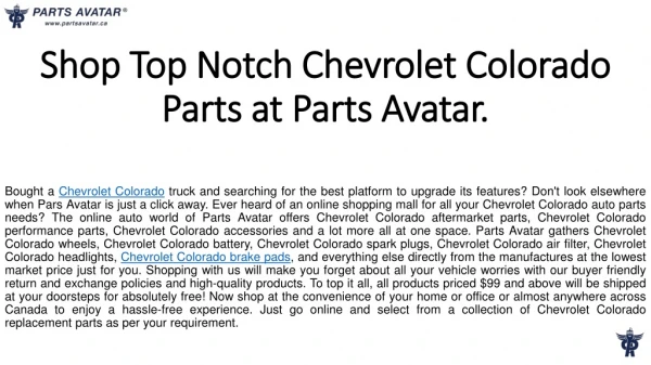 Shop Top Quality Chevy Colorado Parts Online at Parts Avatar.