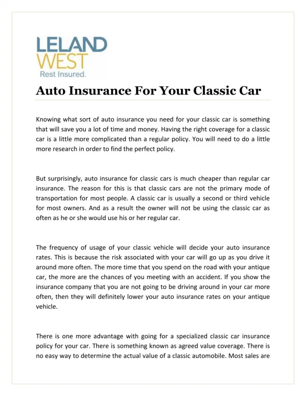 Auto Insurance For Your Classic Car