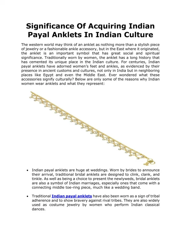 Significance Of Acquiring Indian Payal Anklets In Indian Culture