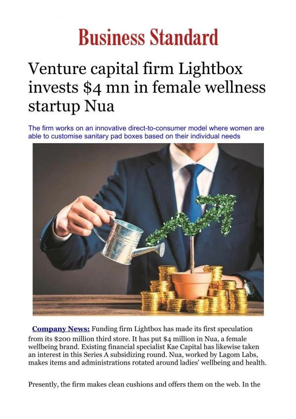 Venture capital firm Lightbox invests $4 mn in female wellness startup Nua